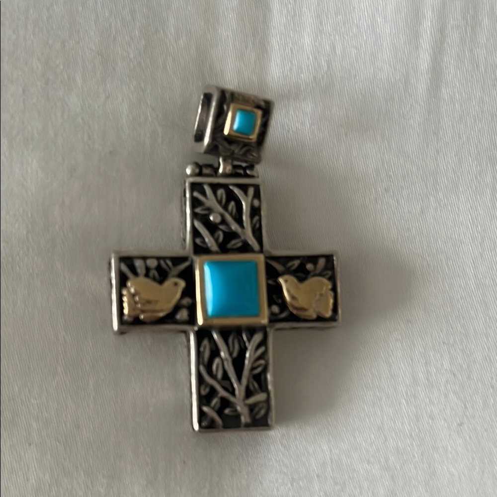 Silver and Gold Cross Pendant with Turquoise Accent